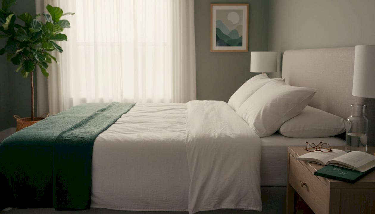 King bed with luxury white cotton bedding and morning light