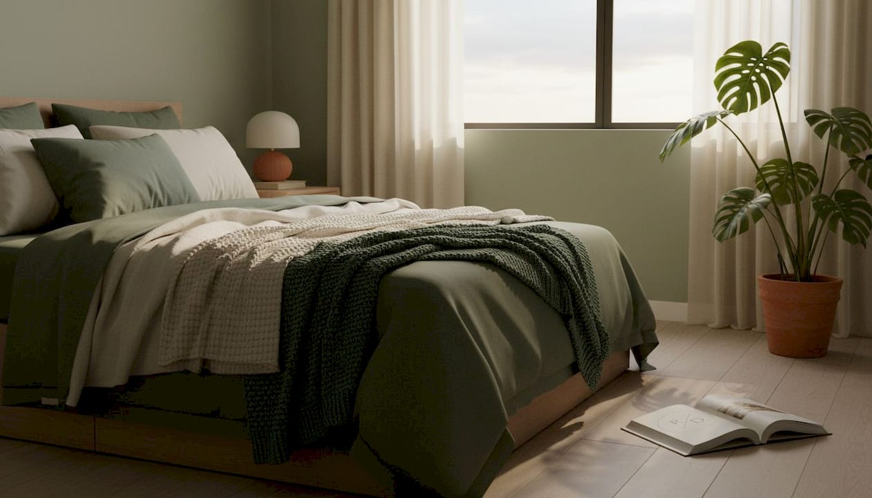 Layered textured bedding on a sunlit bed