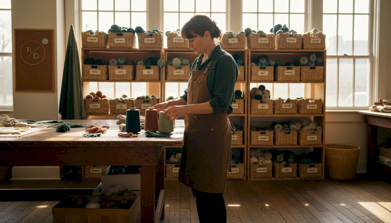 Artisan examining dyed yarn in textile studio