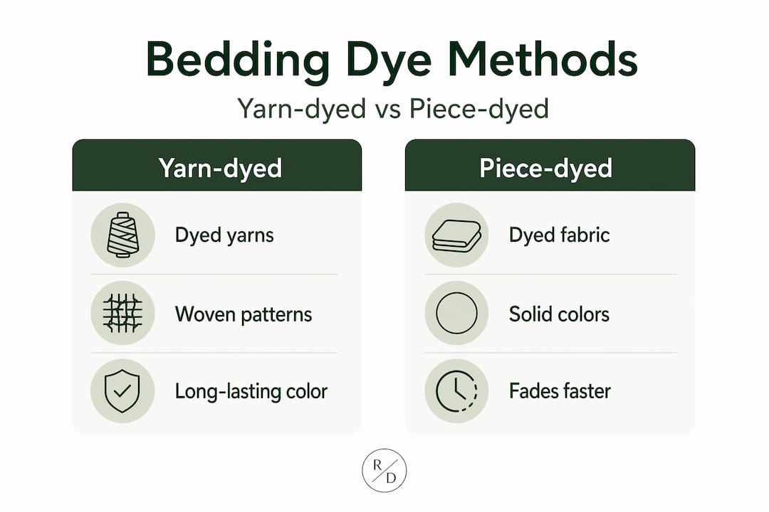 Infographic comparing yarn-dyed and piece-dyed bedding