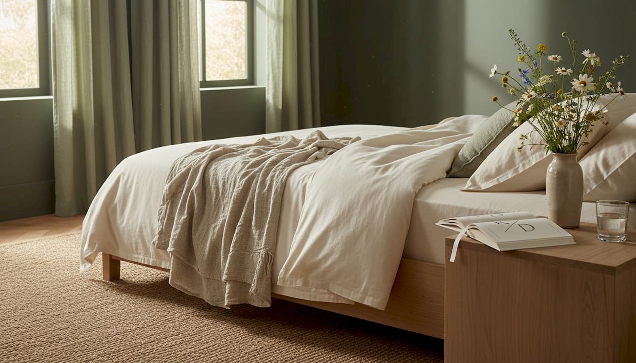 Bright bedroom with crisp luxury cotton sheets