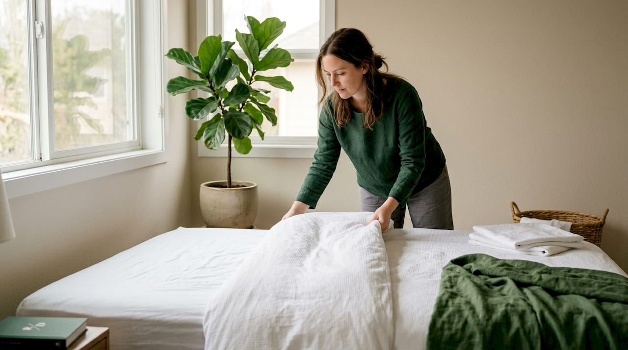 Woman changing sheets in sunny bedroom