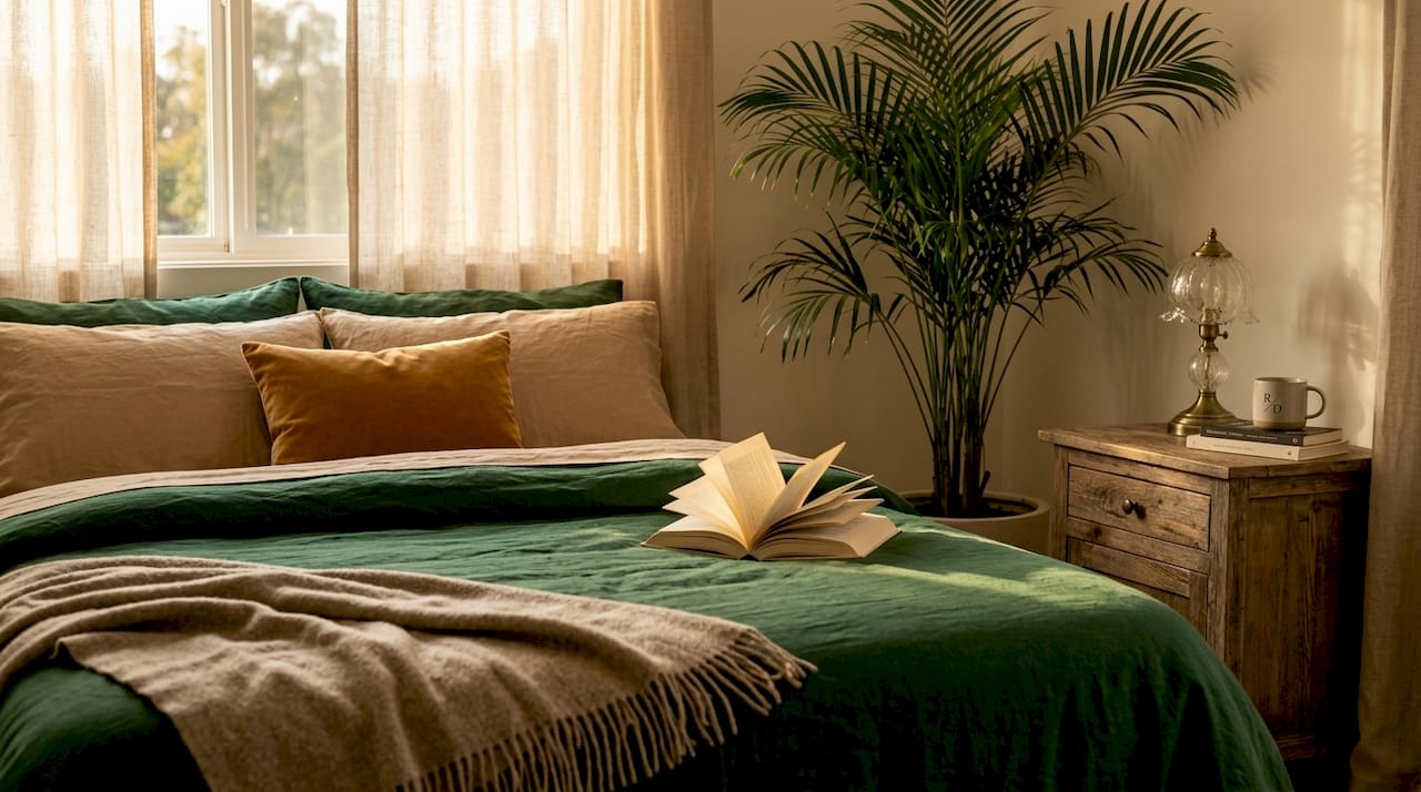 Photoreal bedroom with colour blocked bedding layers