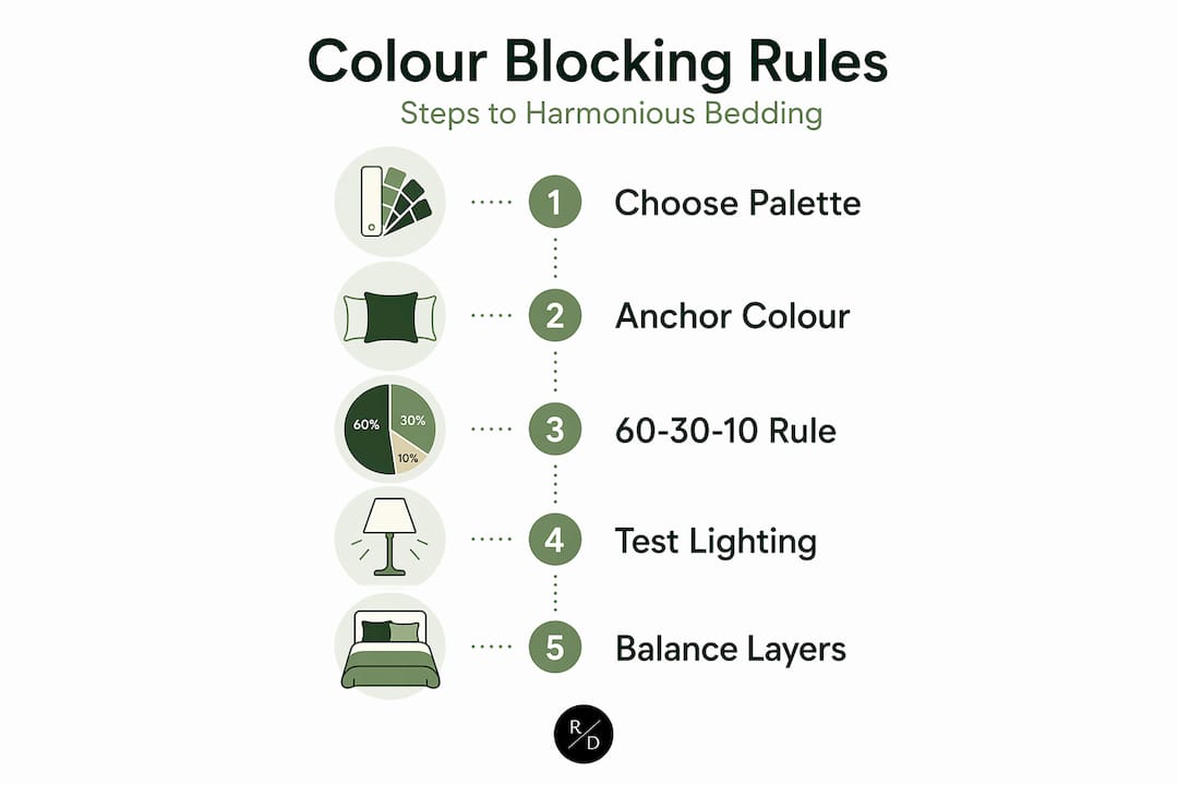 Infographic outlining top rules for colour blocking bedding
