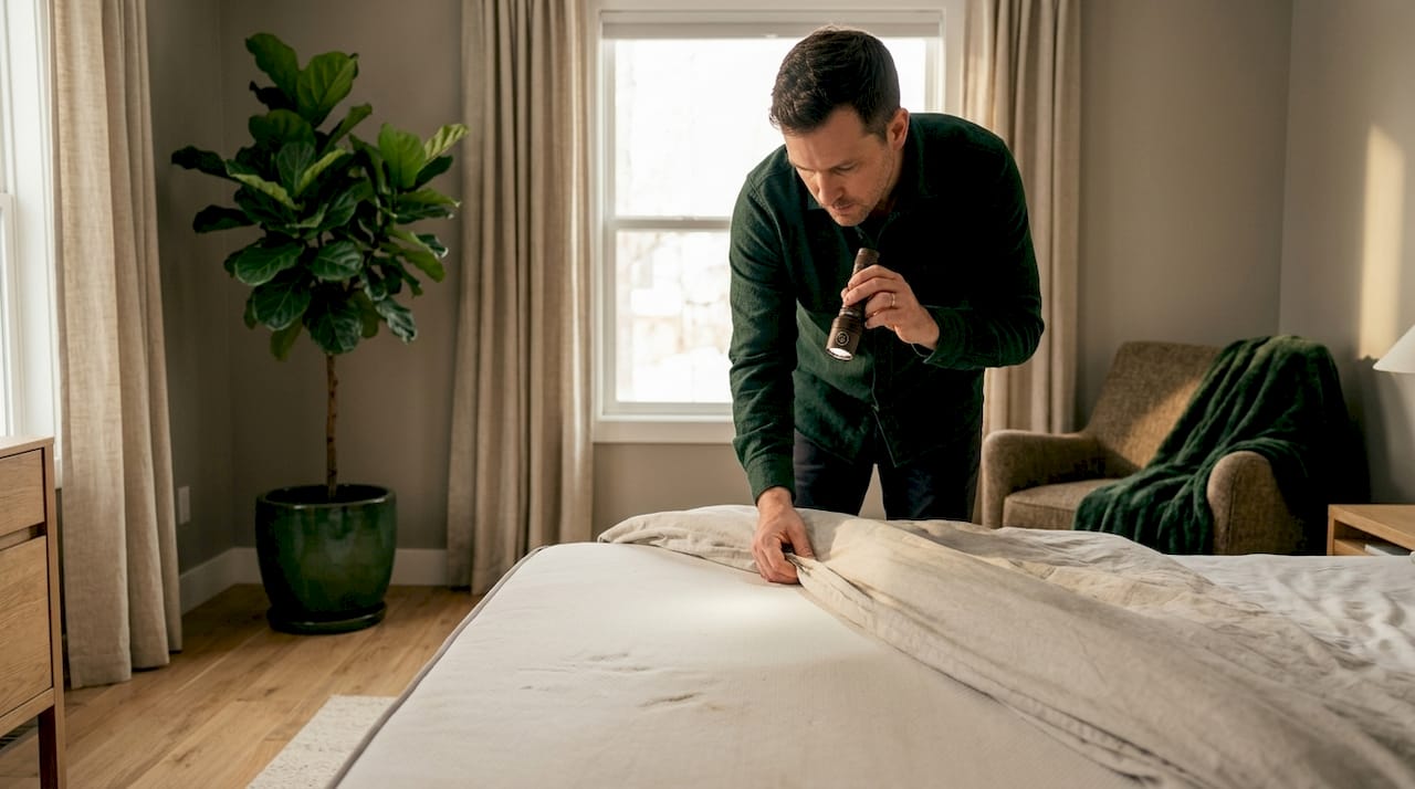 Man inspecting mattress for bed bugs