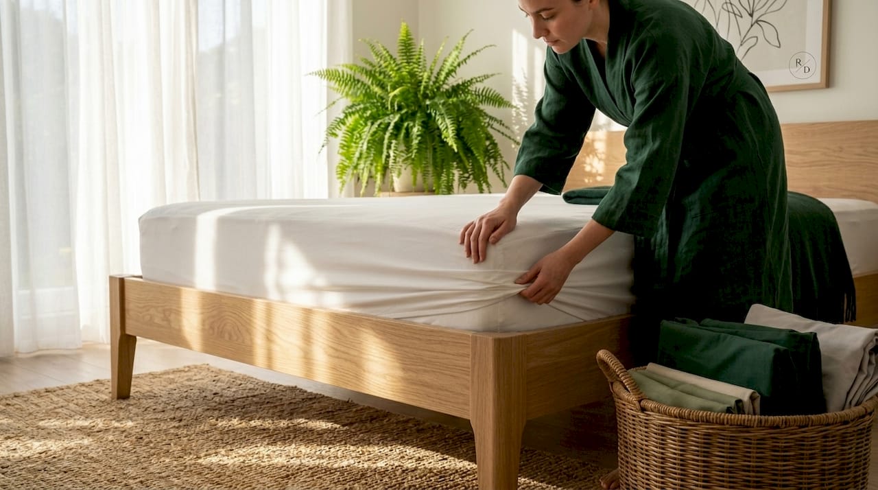 Hand fitting mattress protector on new mattress