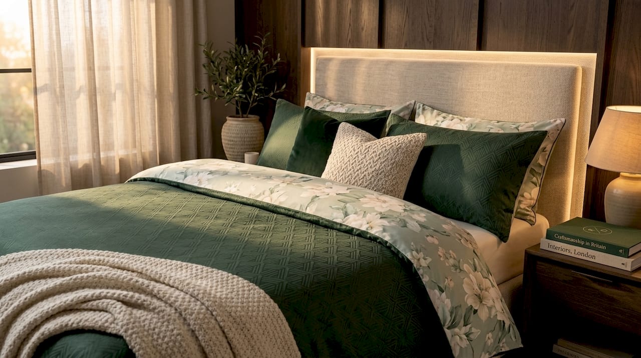 Layered bed set featuring reversible duvet and patterned pillows
