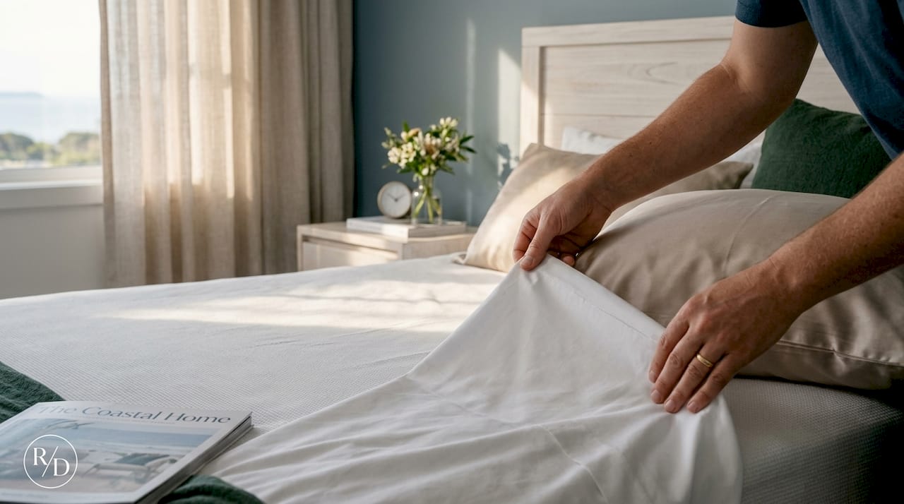 Hands adjusting luxury pillowcases and sheets on bed
