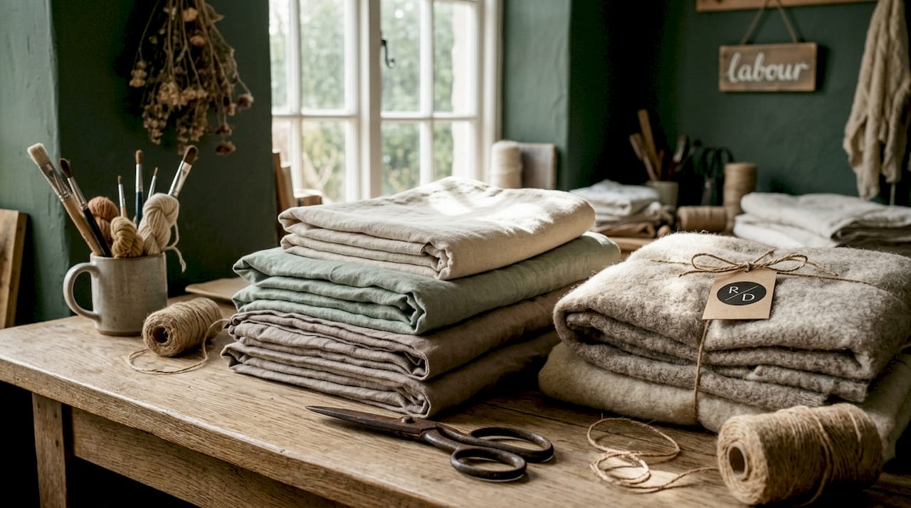 Stacked organic cotton linen wool textiles close-up