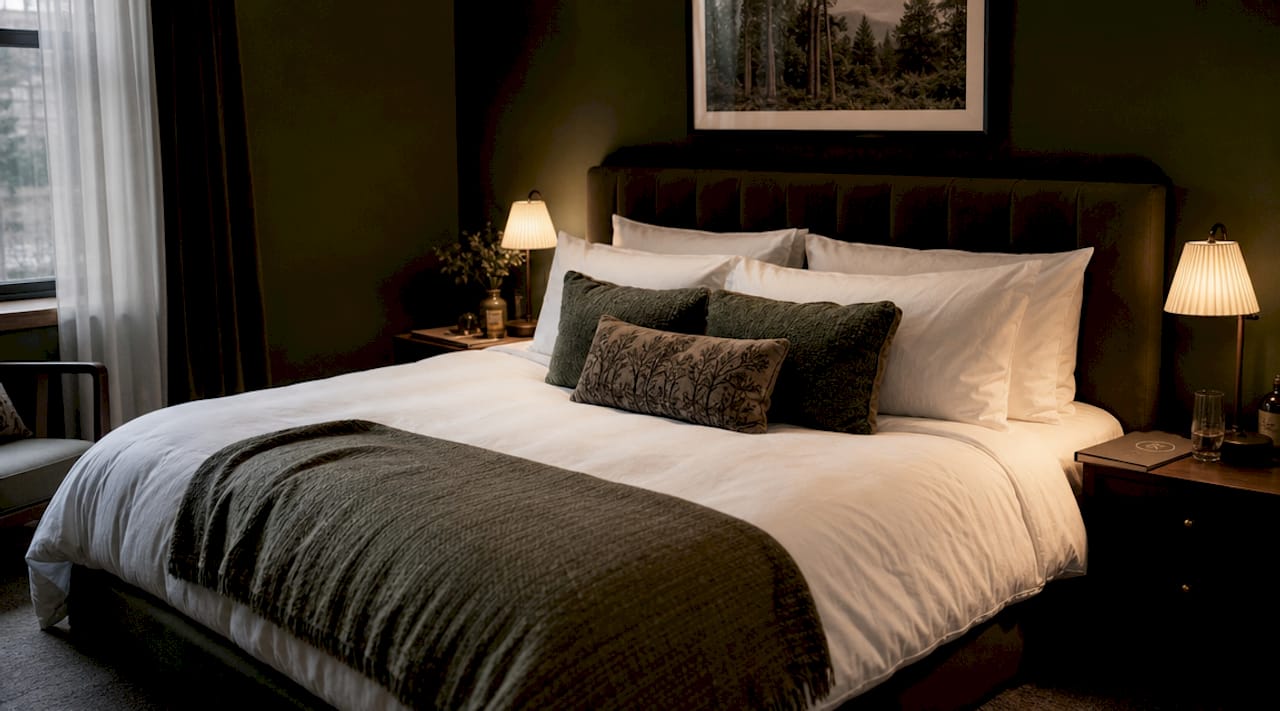 Symmetrical styled bed with white duvet