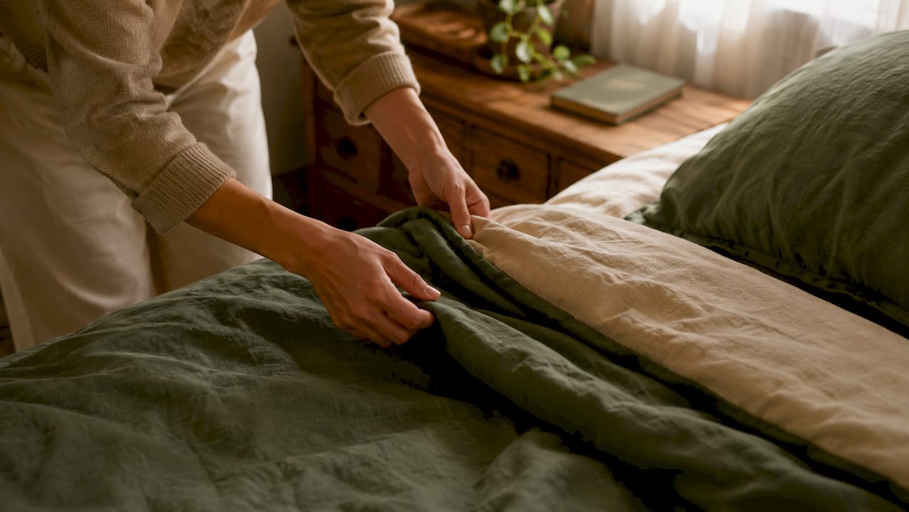 Hands feeling double sided bedding texture