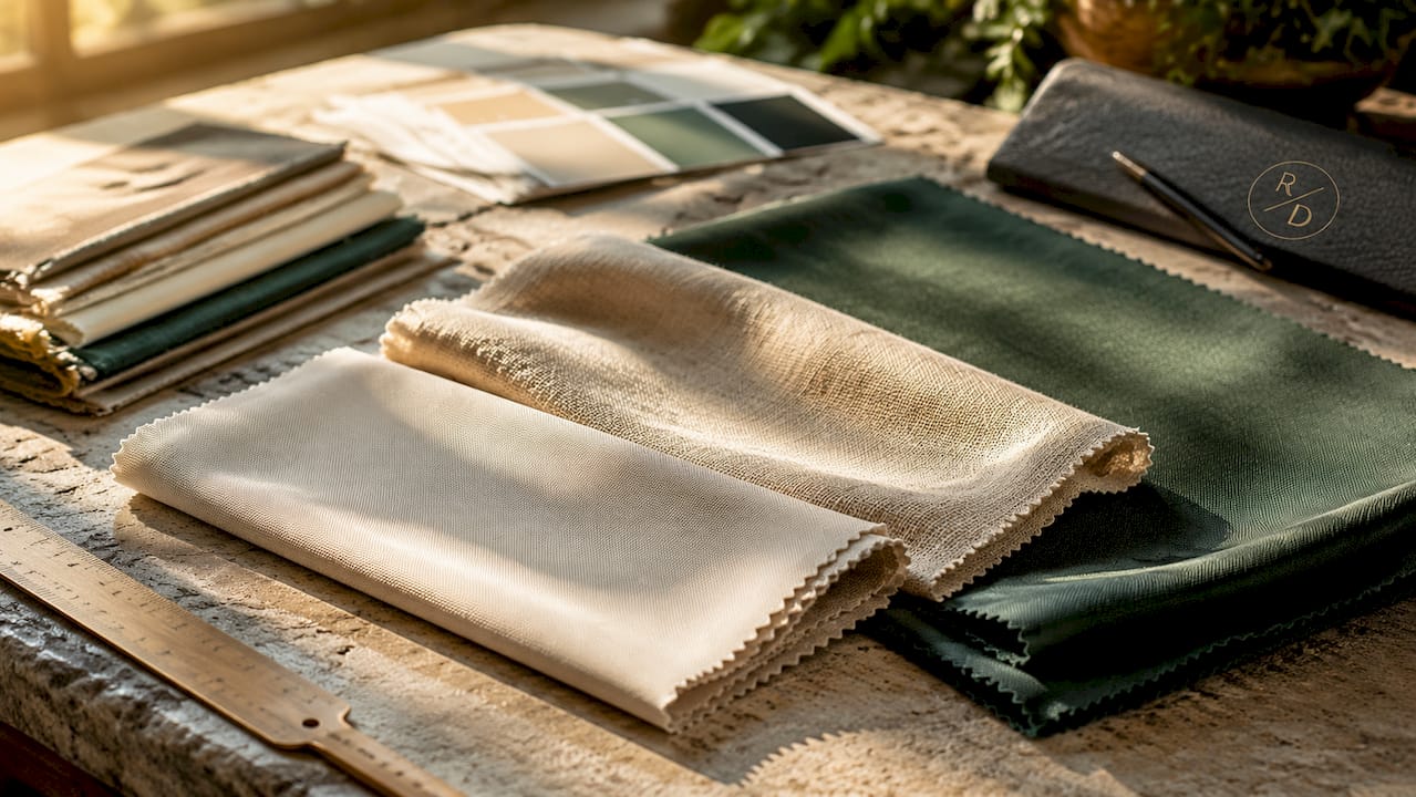 Fabric swatches showing cotton, linen, and sateen weave textures