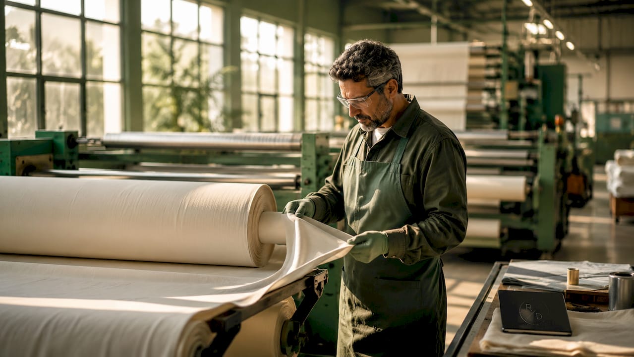 Technician inspecting chemically treated bedding fabric