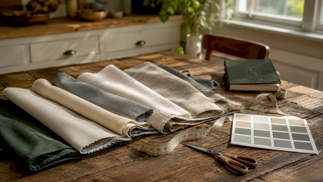 Close-up fabric swatches and sewing tools
