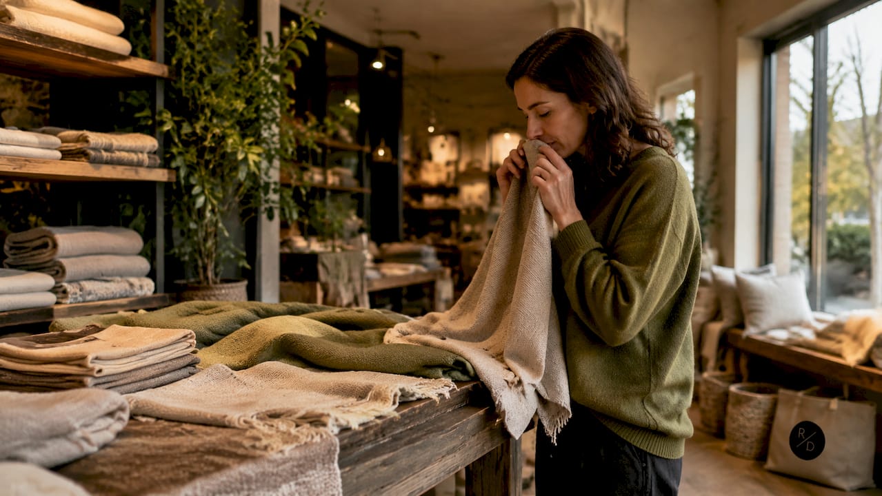 Shopper inspecting breathable bedding weave