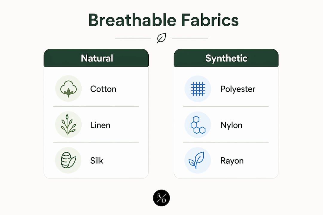Infographic comparing breathable natural and synthetic fabrics