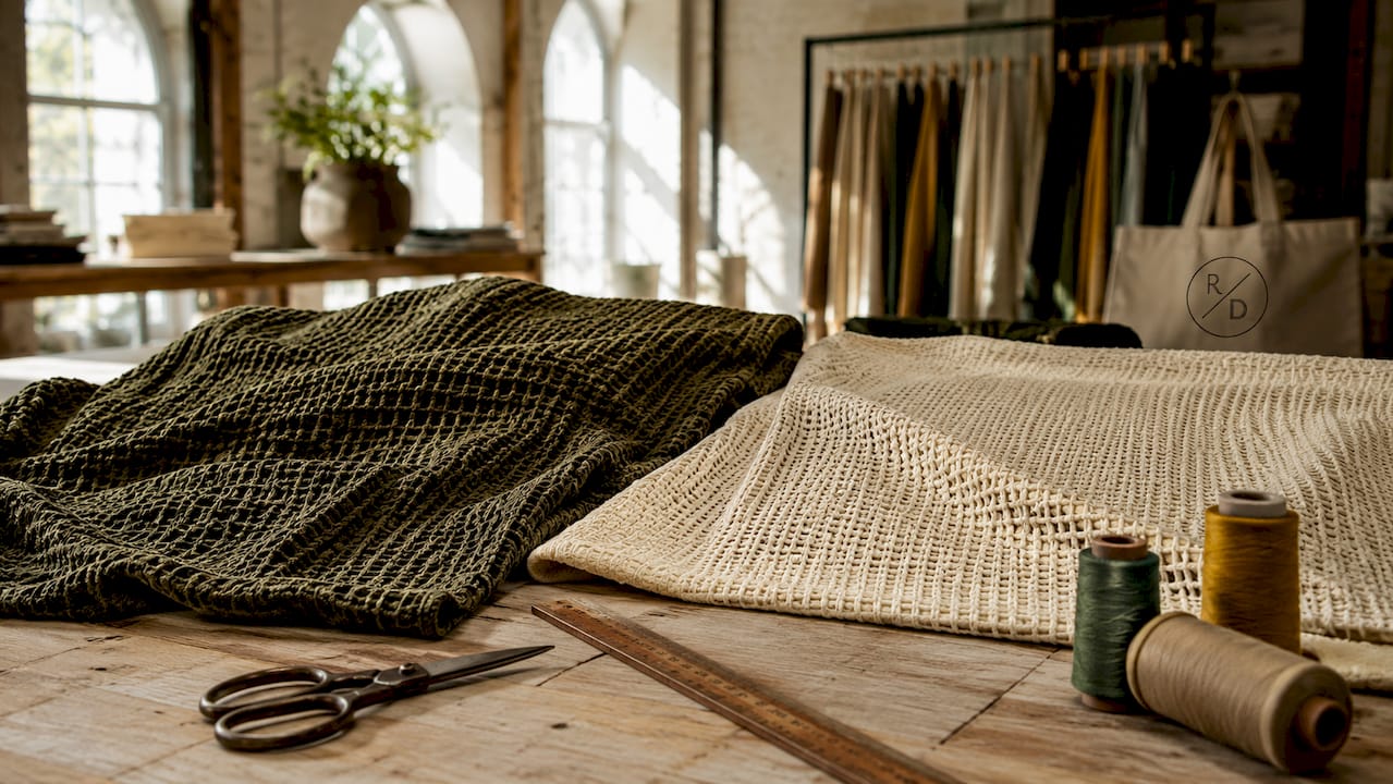 Woven and knitted waffle fabric samples on studio table