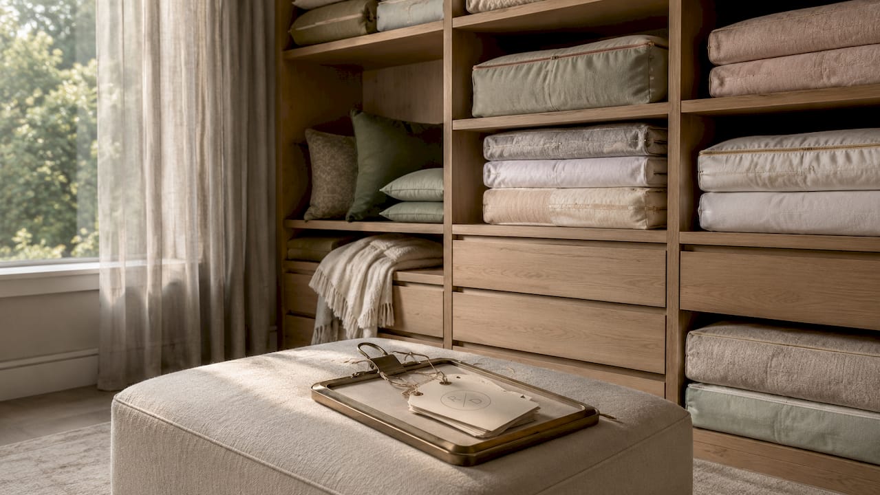 Overhead view of luxury linens neatly organised in wooden shelves