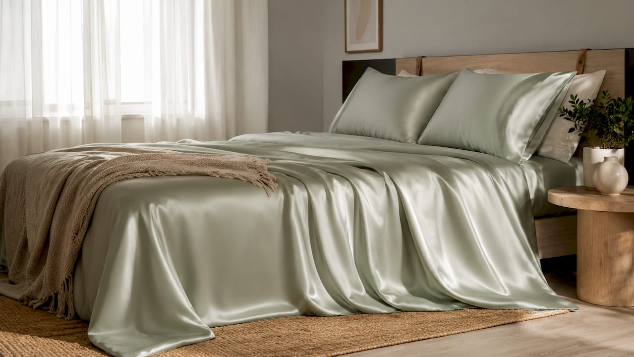Elegant bedroom with hypoallergenic mulberry silk bedding
