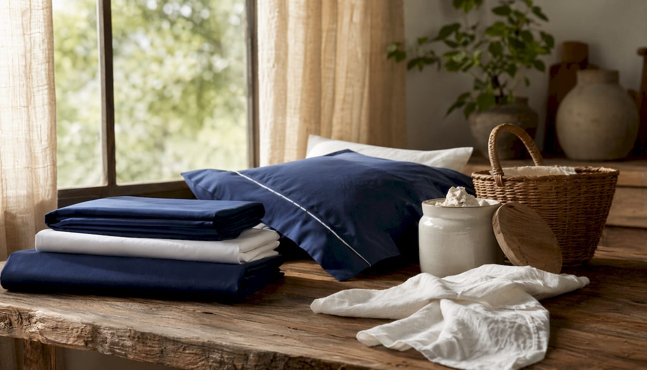 Premium bedding fabrics with care products on marble
