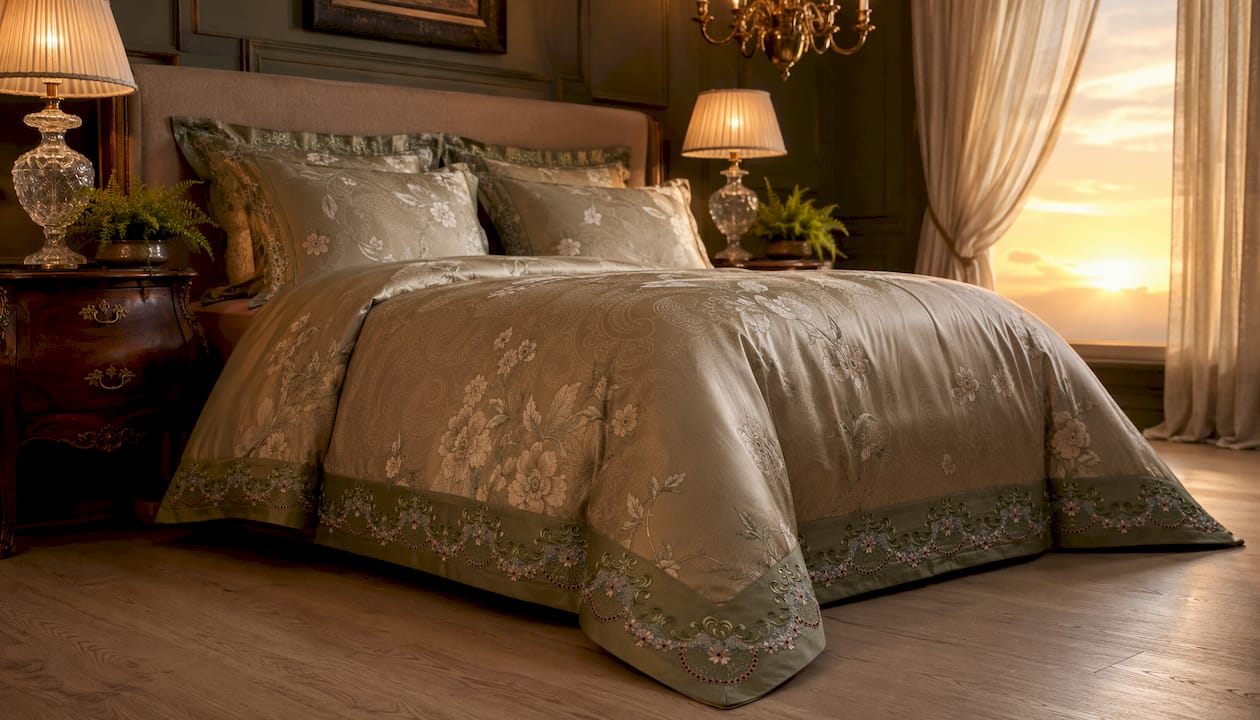 Luxurious bedroom with brocade bedding set