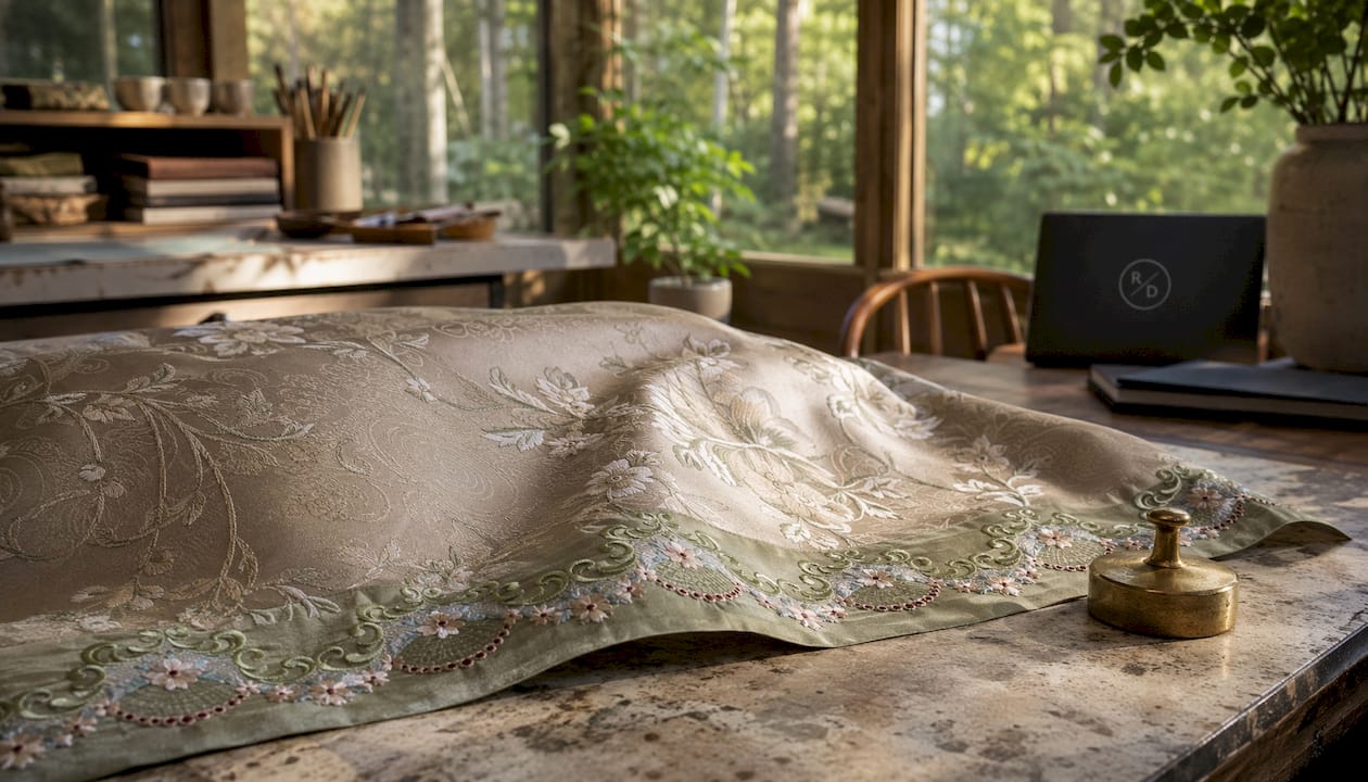Detailed brocade fabric weave texture