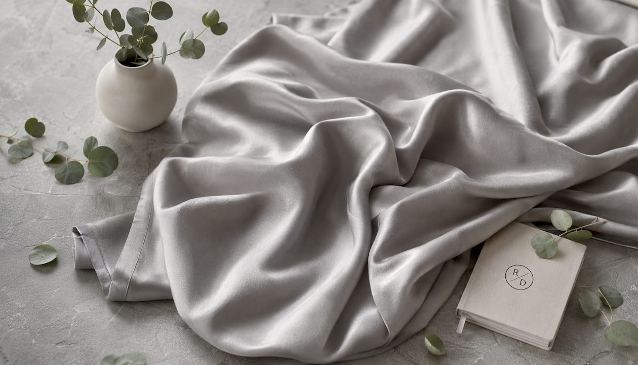 Close-up of soft TENCEL Lyocell fabric with eucalyptus leaves