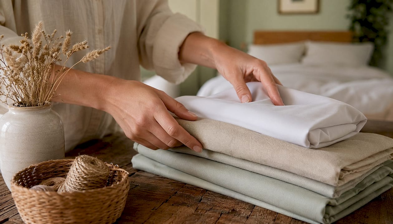 Hands smoothing natural bedding fabrics