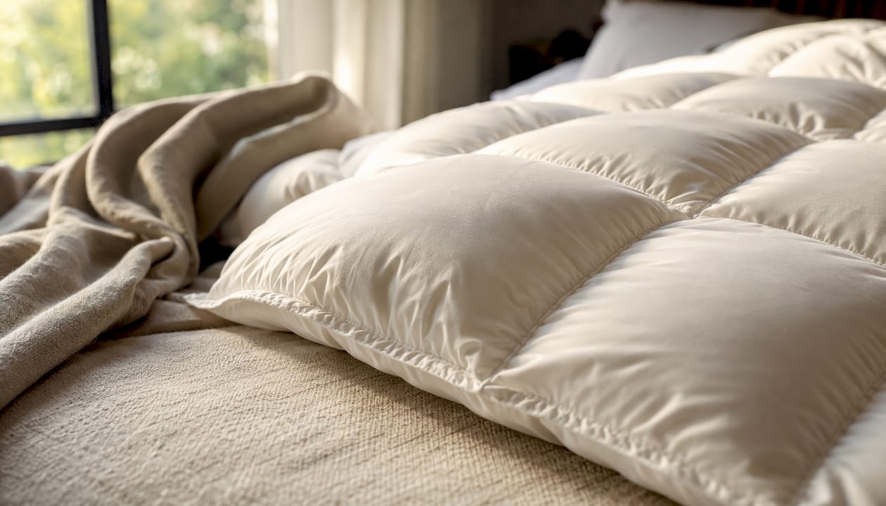 Détail en gros plan de la texture d'un insert de couette haut de gamme