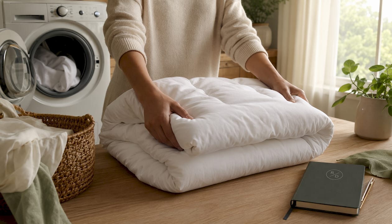Mains pliant un luxueux insert de couette dans la buanderie