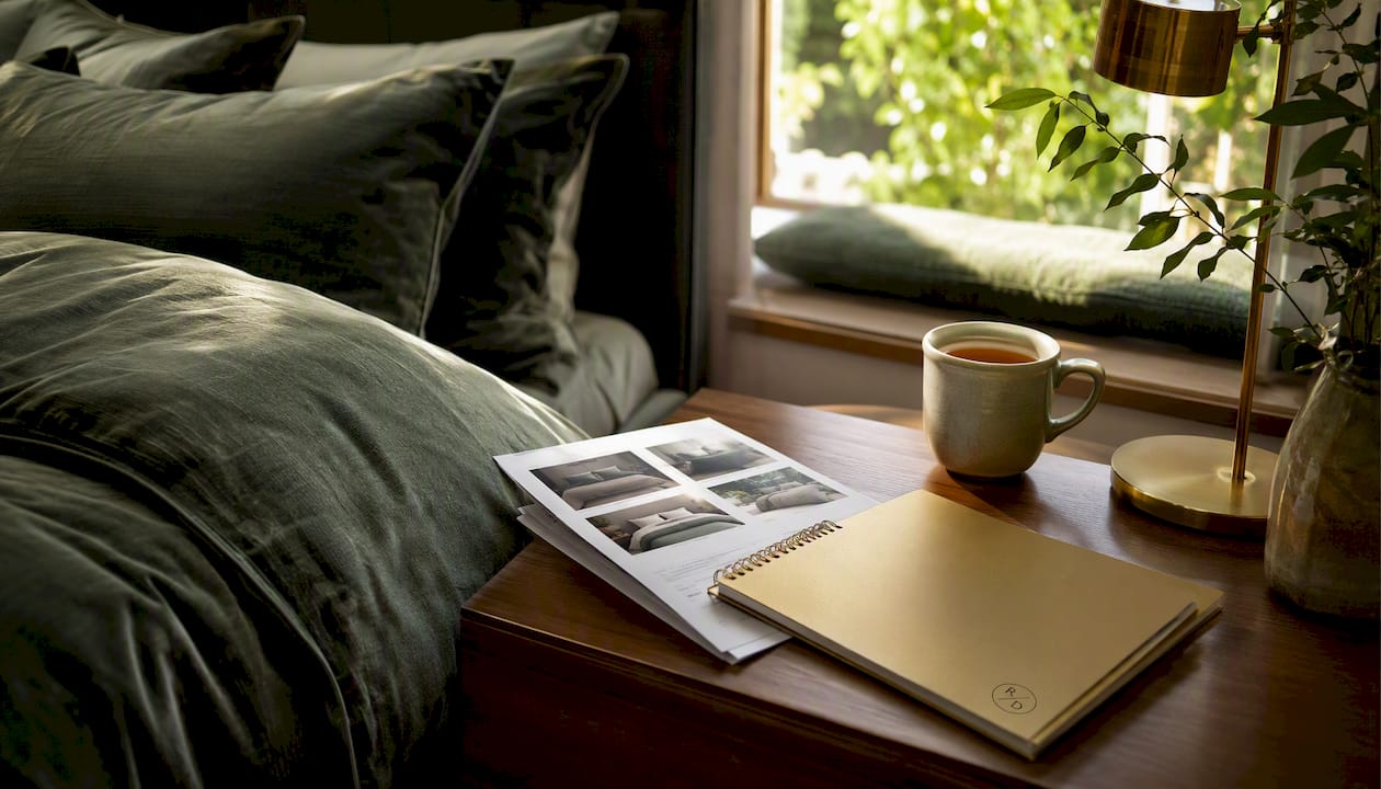 Overhead view of luxury bedding comparison prints