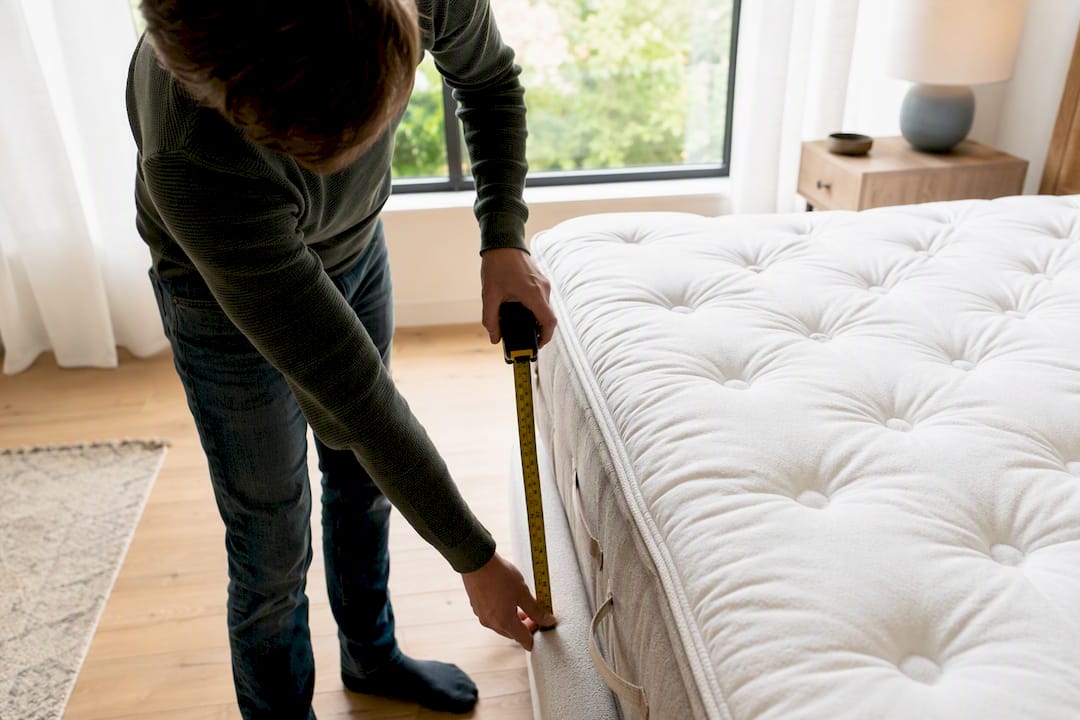 Hands measuring mattress depth with tape measure
