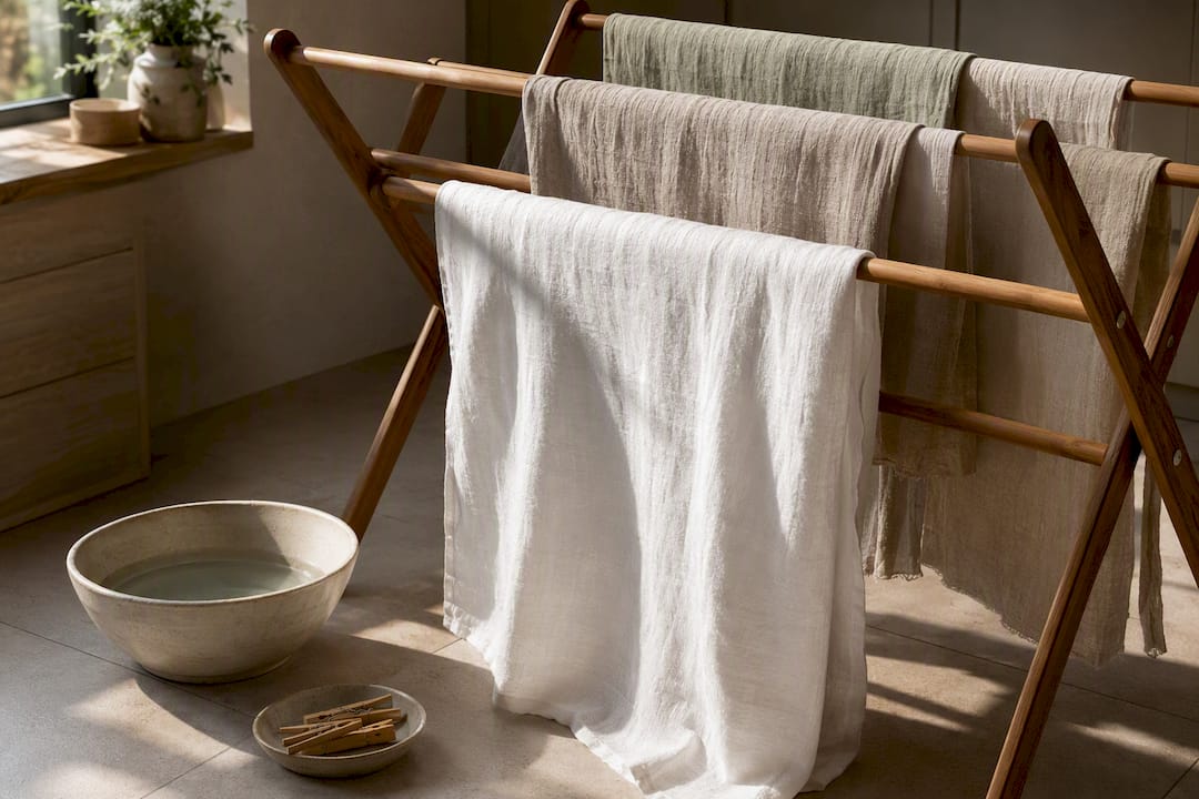 Linen and cotton fabric drying on wooden rack