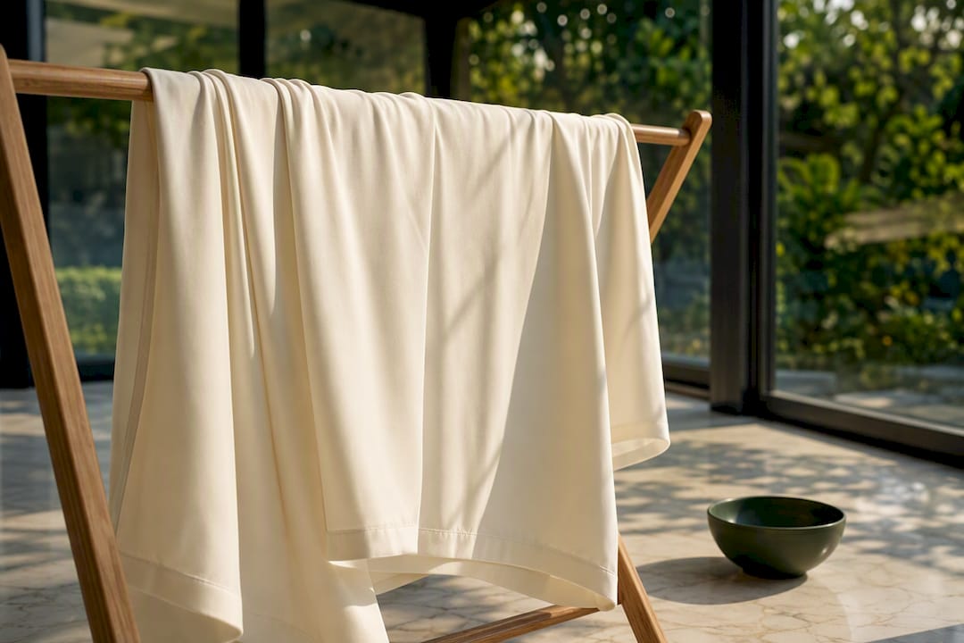 Lyocell fabric air drying on wooden rack