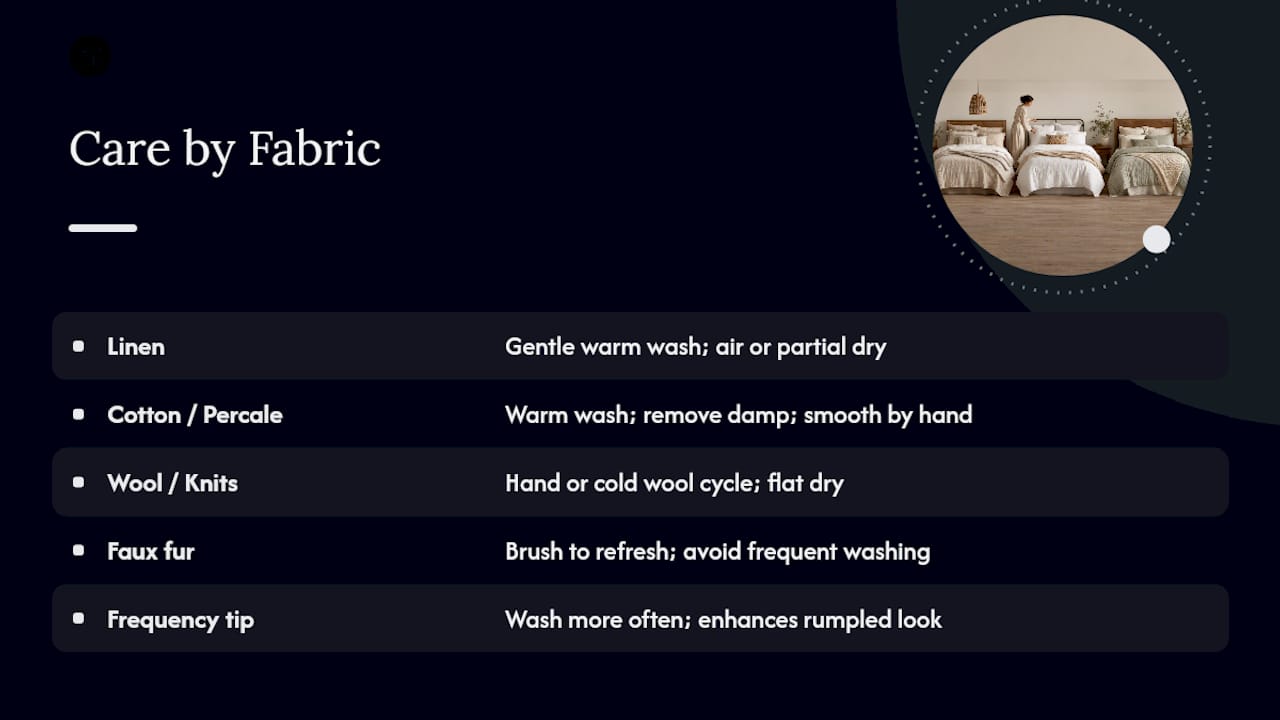 Care and maintenance tips specific to farmhouse bedding materials — overview diagram