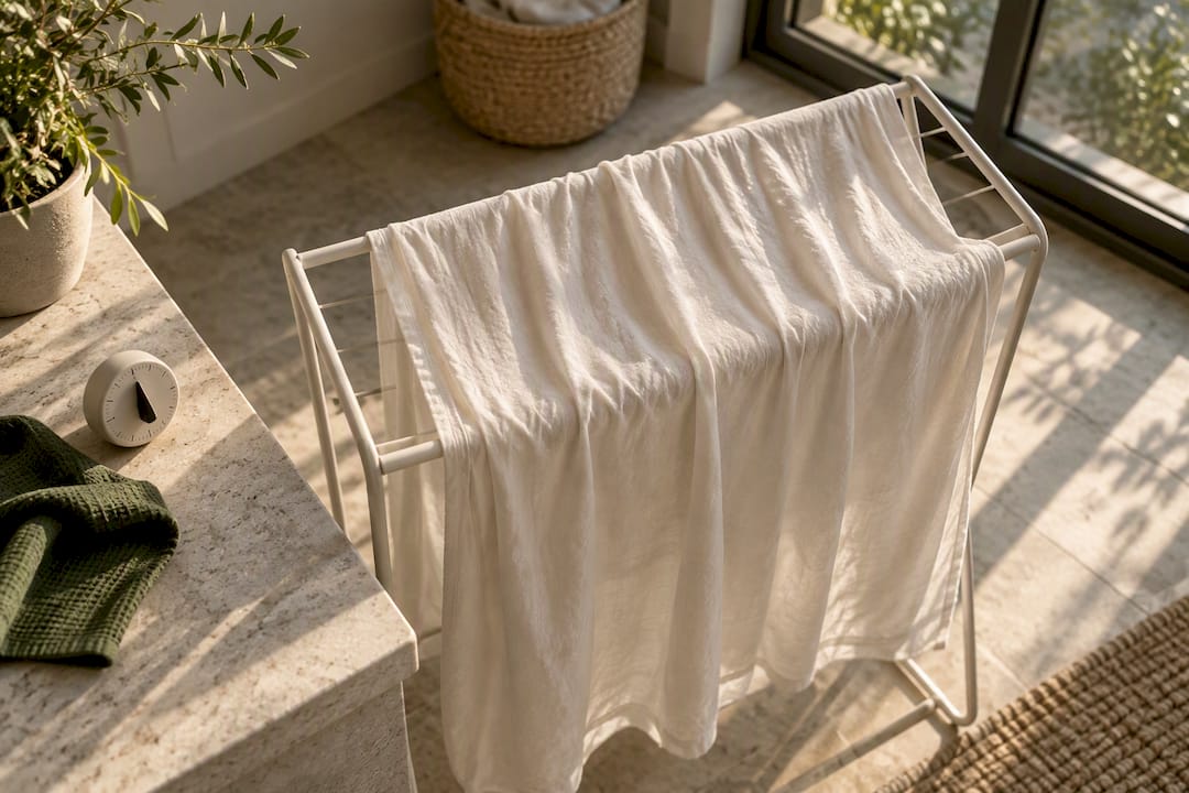 Slightly damp sheet drying on rack