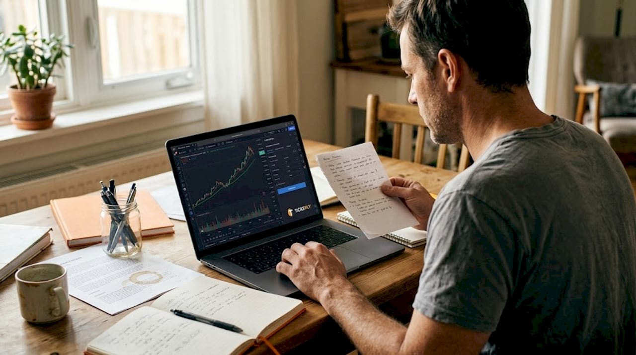 Trader optimizing exit strategy with notes