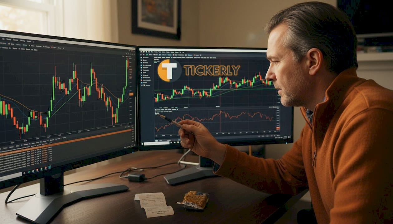 Man observing sequential chart backtesting