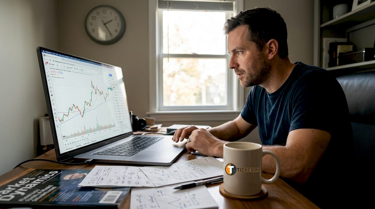 Man reviews trading charts at cluttered home office desk