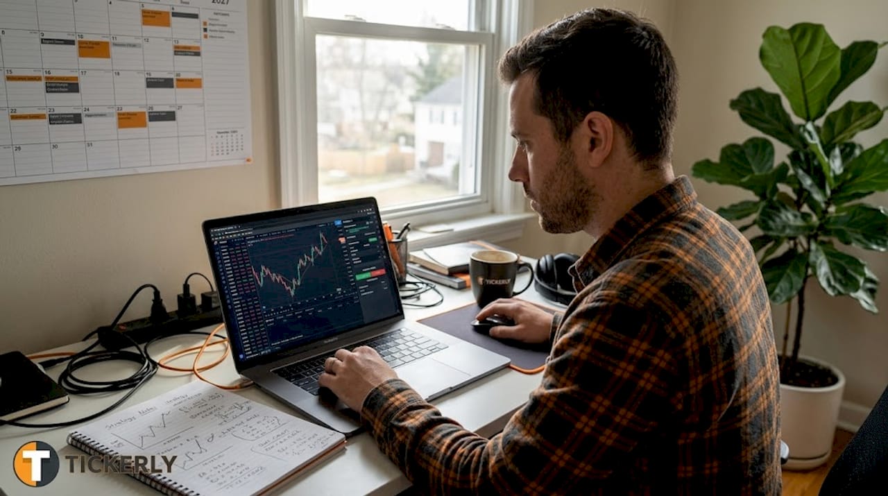 Man using forex bot at home office desk