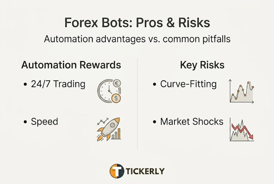 Infographic comparing forex bot pros and risks