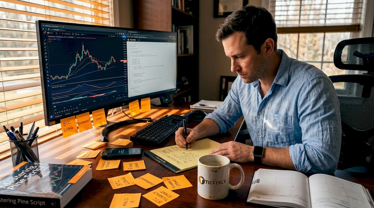 Trader reviewing strategy in home office