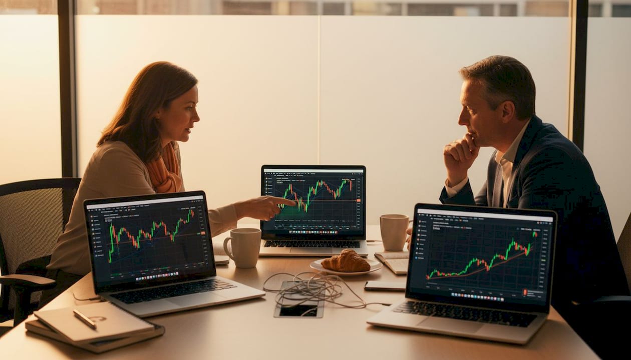 Two traders reviewing diverse strategy charts on laptops