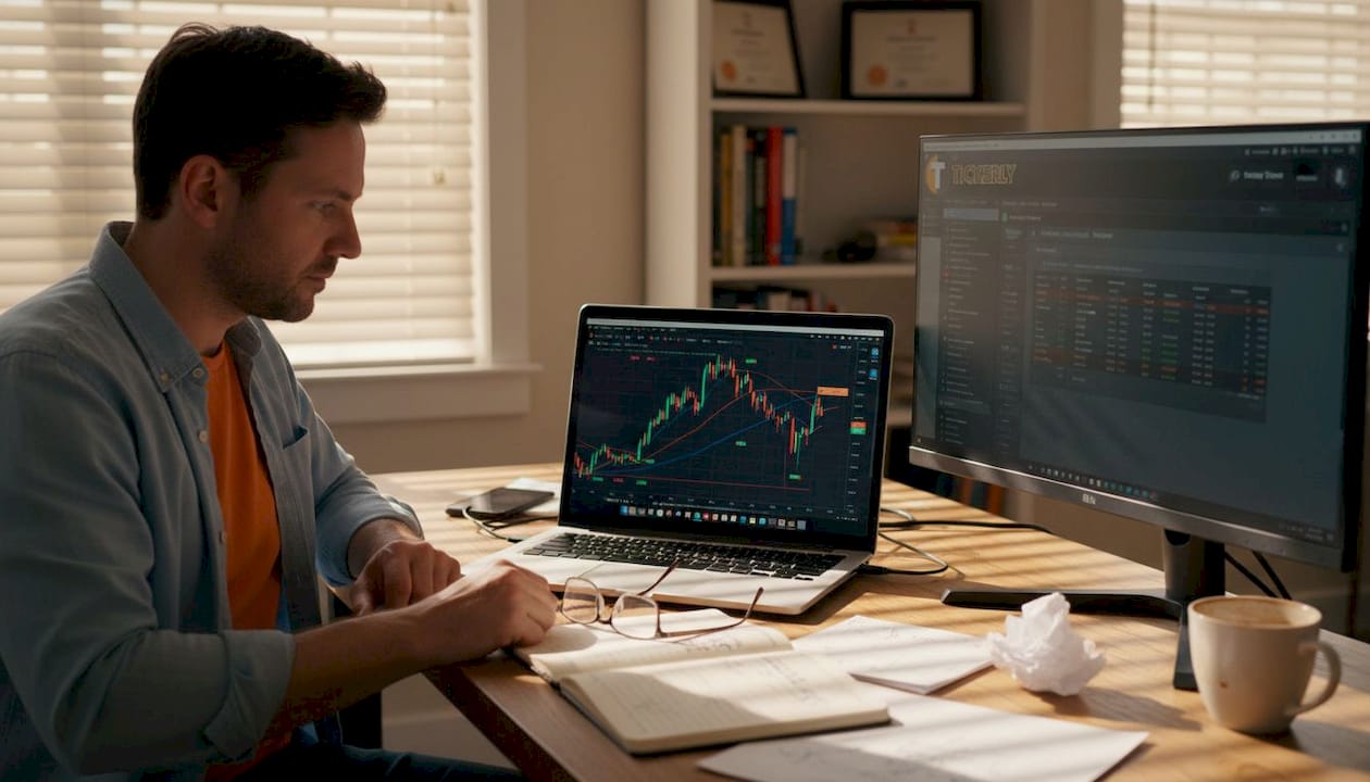 Trader analyzing backtest results at home workspace