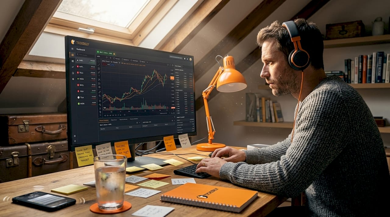 Trader analyzing automated trading on home office computer