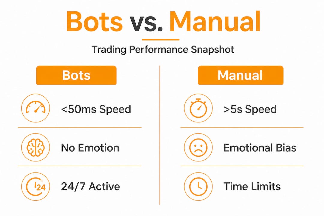 Infographic comparing bot and manual trading key points