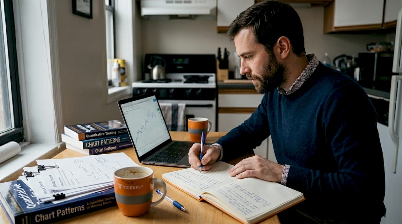 Trader writes in journal at kitchen table
