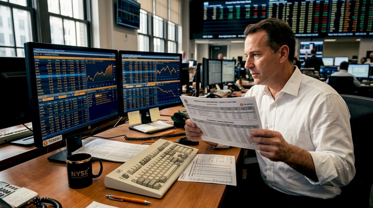 Trader reviewing program trading orders on exchange floor