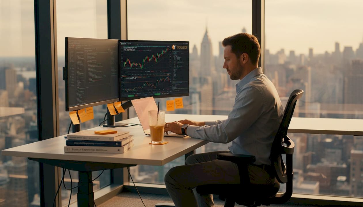 Trader working with algorithmic dashboards at desk