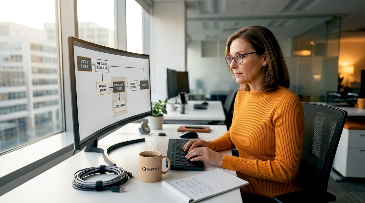 Broker reviews trading workflow in office